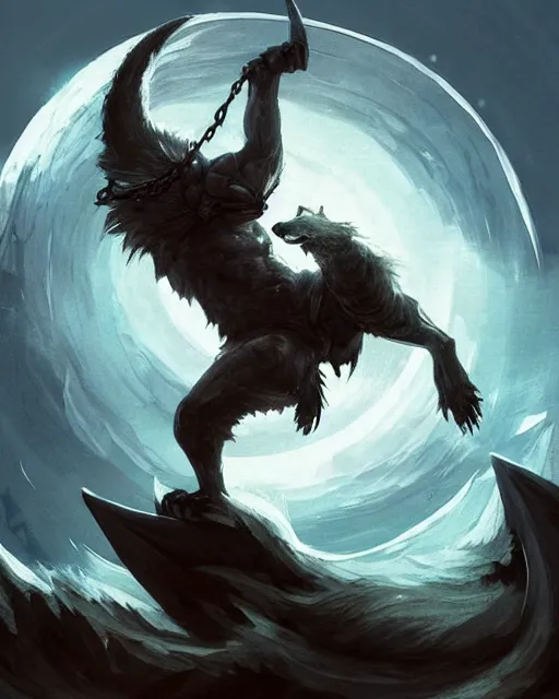 Image similar to '' Illustration a wolf (Fenrir) breaking its chains, (night), (moon in the background), league of legends, Fenrir, LOL, fantasy, d&d, digital painting, artstation, concept art, sharp focus, illustration, art by greg rutkowski and alphonse mucha ''