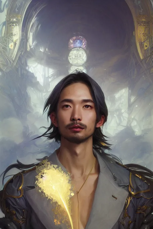 Image similar to portrait of a man with strange hairs, soft smile, final fantasy, league of legends champion, strong iridescent light, by chengwei pan and sakimichan and greg rutkowski and alphonse mucha, gradient white to gold, in front of a magical building background, highly detailed portrait, digital painting, smooth, focus illustration