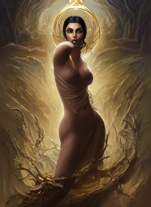 Image similar to nyx the deity retribution played by kim kardashian, shamanic poste, elegant, highly detailed, centered, digital painting, artstation, concept art, smooth, sharp focus, illustration, artgerm, tomasz alen kopera, peter mohrbacher, donato giancola, joseph christian leyendecker, wlop, frank frazetta