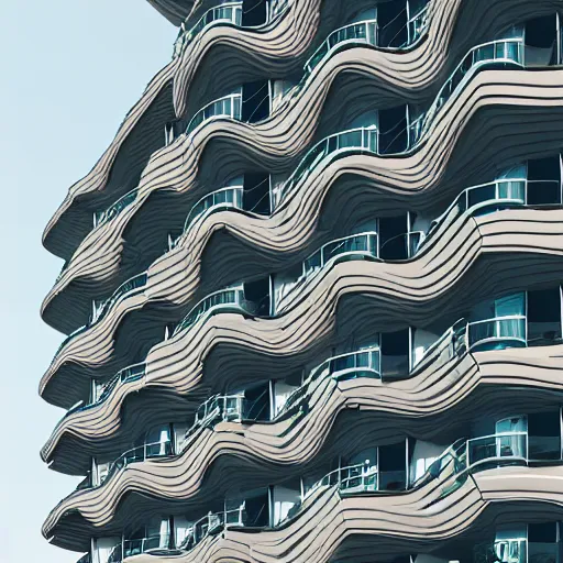 Prompt: architecture photo of a wavy building with many balconies made from biomass and overgrown 8 k detailed hd digital render