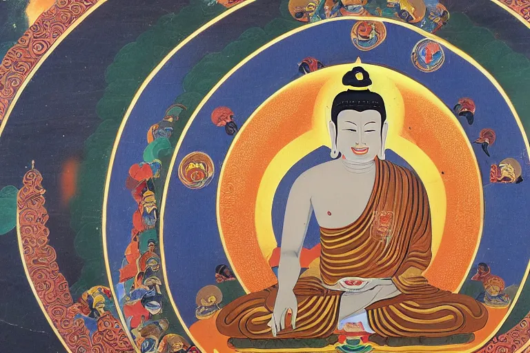 Image similar to time traveler buddha, tibetan buddhist painting of the life of buddha