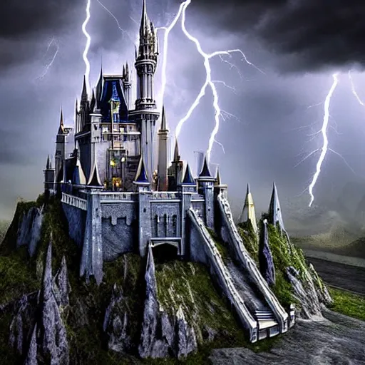 Image similar to A extremely highly detailed majestic hi-res beautiful, highly detailed mysterious pure all white brick immaculate disney hogwarts castle in black scary storm clouds high detail,ethereal, dramatic lightning, rim light, hyperrealistic, photorealistic, octante render, elegant, cinematic, high textures, hyper sharp, 8k, insanely detailed and intricate, graphic design, cinematic atmosphere, hypermaximalist, hyper realistic, super detailed, 4k HDR hyper realistic by Beeple, by Makoto Shinkai, syd meade, starwars, space art concept, digital art, unreal engine, WLOP, trending on artstation, 4K UHD image, octane render, artstation