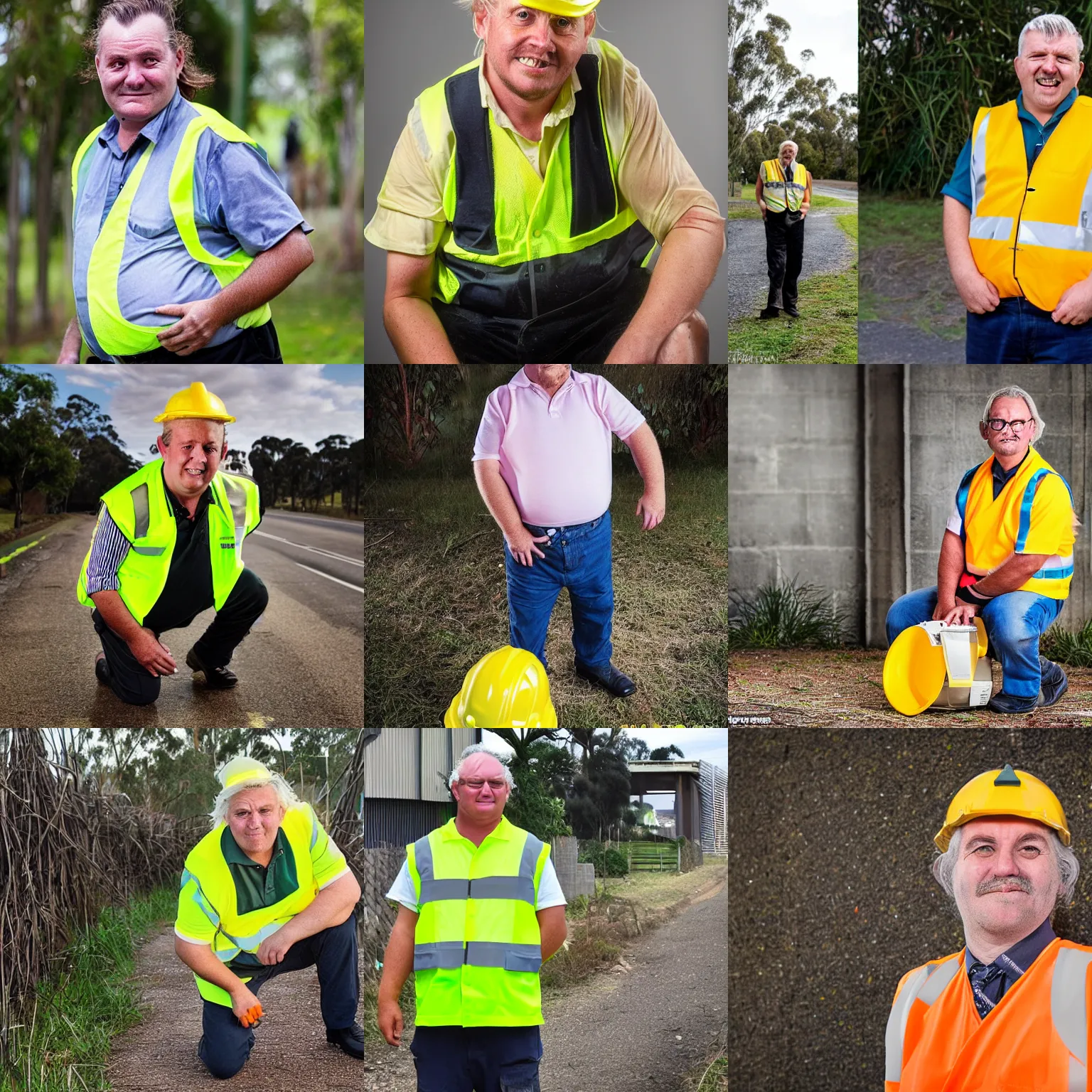Prompt: An australian council worker, mullet hairstyle, missing teeth, hi-vis attire, pot belly, portrait photography, award winning photo