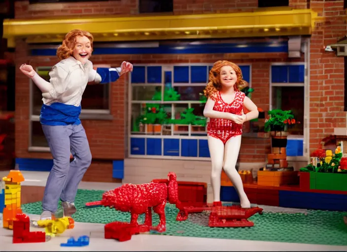 Image similar to product photo still of drew barrymore dancing for david letterman lego playset, 8 k, 1 2 0 mm macro, f 1. 8, studio lighting, key light