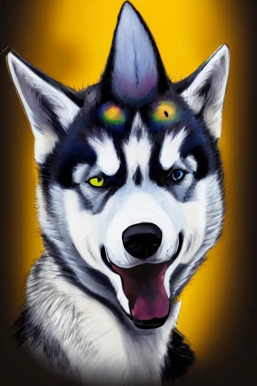 Image similar to a portrait painting of a husky in cowboy costume in the style of anime, western film, humanoid, personify, anthropomorphic, trending on artstation