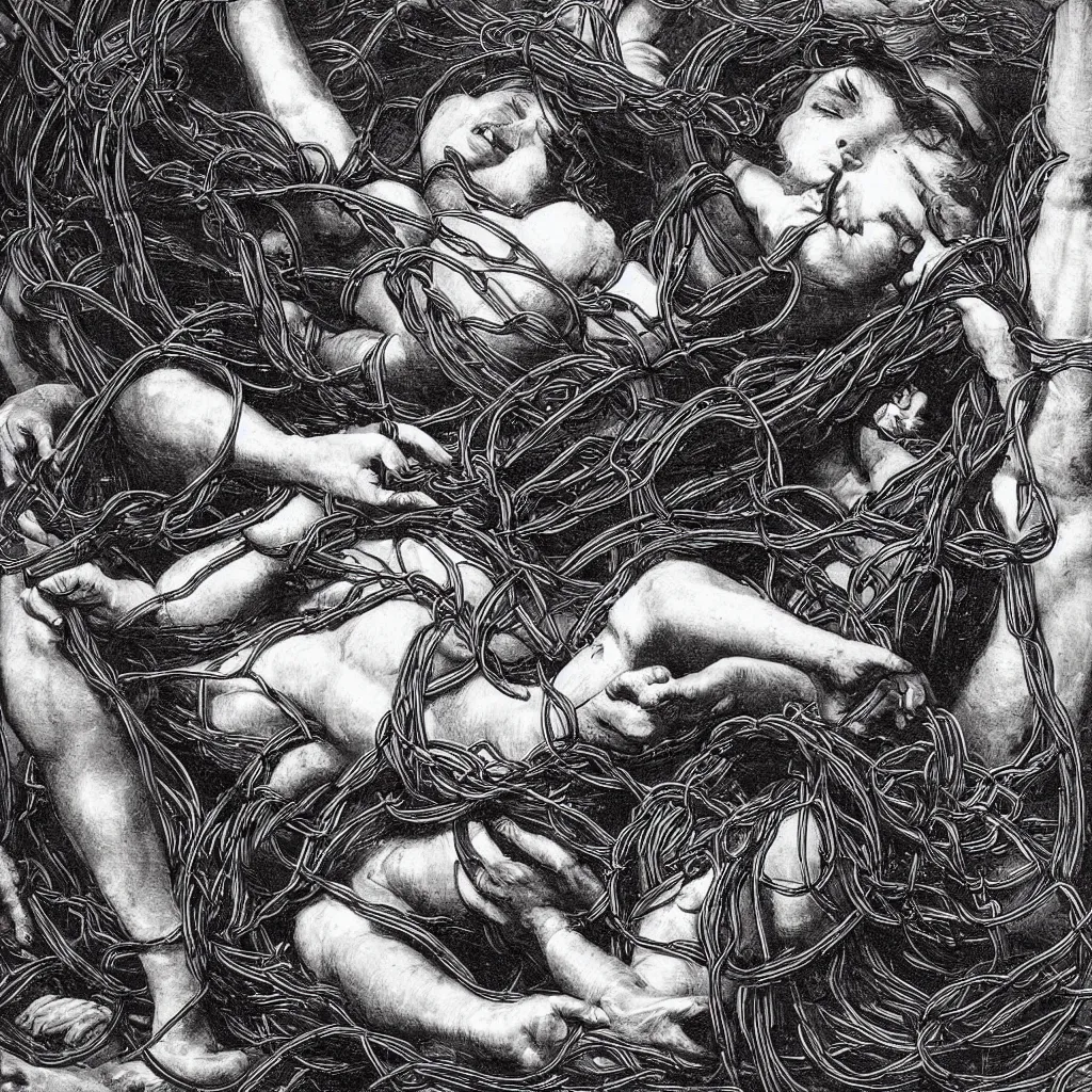 Image similar to a woman entangled in the thick black cables in the style of the laocoon of the vatican