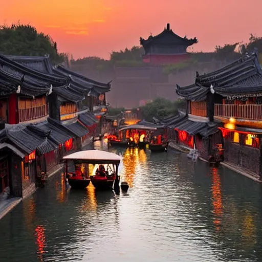 Prompt: beautiful and peaceful ancient water town in the south of china, zhouzhuang ancient town, movie style, warm color to move, boats, evening lanterns, the glow of the sunset on the water