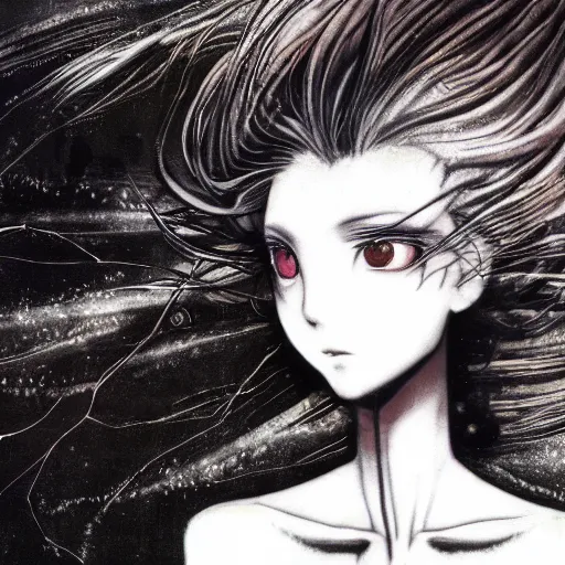 Image similar to Yoshitaka Amano realistic illustration of an anime girl wearing dress suit with tie with wavy white hair fluttering in the wind and cracks on her face, abstract black and white patterns on the background, noisy film grain effect, highly detailed, Renaissance oil painting, weird portrait angle