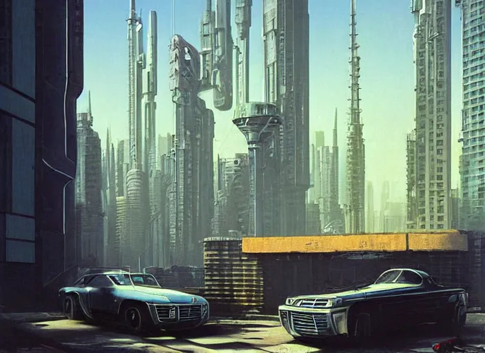 Image similar to a car driving down a street next to tall buildings, cyberpunk art by Chesley Bonestell, cgsociety, retrofuturism, matte painting, reimagined by industrial light and magic