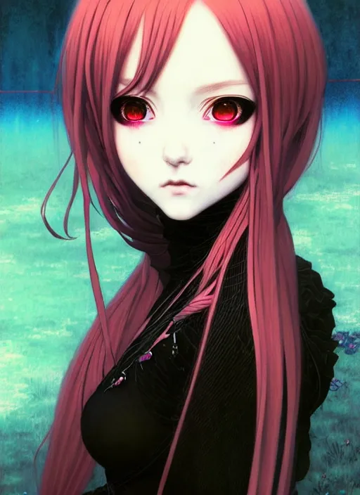 Image similar to portrait of beautiful young gothic anime maiden, cute-fine-face, pretty face, realistic shaded Perfect face, fine details. Anime, cyberpunk, Warhammer, highly detailed, artstation, illustration, art by Ilya Kuvshinov and Gustav Klimt