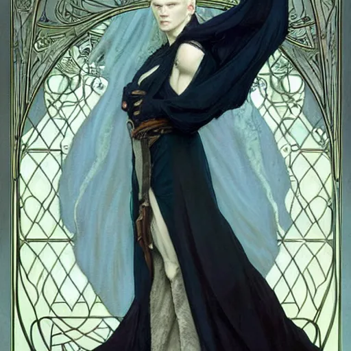 Prompt: portrait of a beautiful!!! androgynous albino Viking elf with blue-tinged skin and ghostly art nouveau tattoos wearing black cloak and expression of manic disdain by Greg Rutkowski, Brom, Yoshitaka Amano!!!! and Alphonse Mucha
