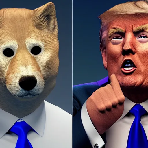 Image similar to Doge with donald trump body, realistic artstyle, wide shot, dramatic lighting, octane render, hyperrealistic, high quality, highly detailed, HD, beautiful, cinematic, 8k, unreal engine, facial accuracy, symmetrical