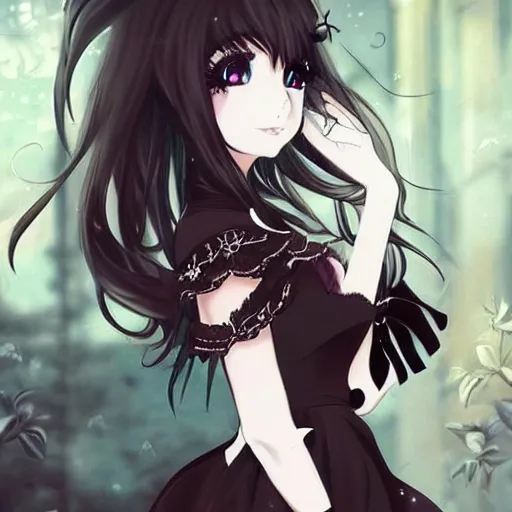 Image similar to beautiful illustration of anime maid, stunning and rich detail, pretty face and eyes. Gothic style, clear and perfect anatomy