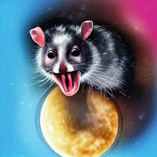 Image similar to “an opossum screaming at the moon on a pile of trash, 90’s airbrush design”