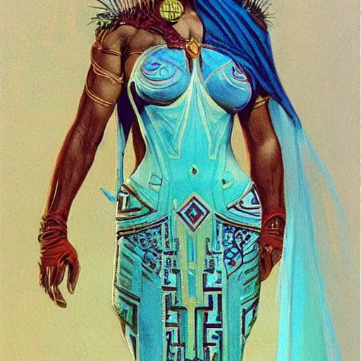 Prompt: alluring byzantine aztec concubine dressed in gauze, science fiction concept art by boris vallejo