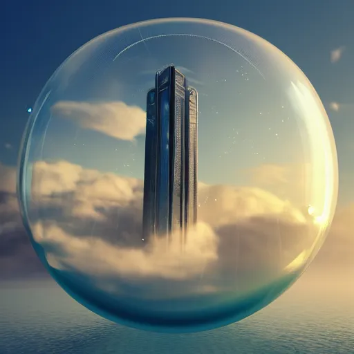 Prompt: miniature skyscraper inside a bubble, floating on clouds, realistic 3 d render, unreal engine, gardens, ecofuturism, solarpunk, maya, 8 k, vmax, award winning, trending on artstation, smooth, sharp focus, octane, twilight sunset background