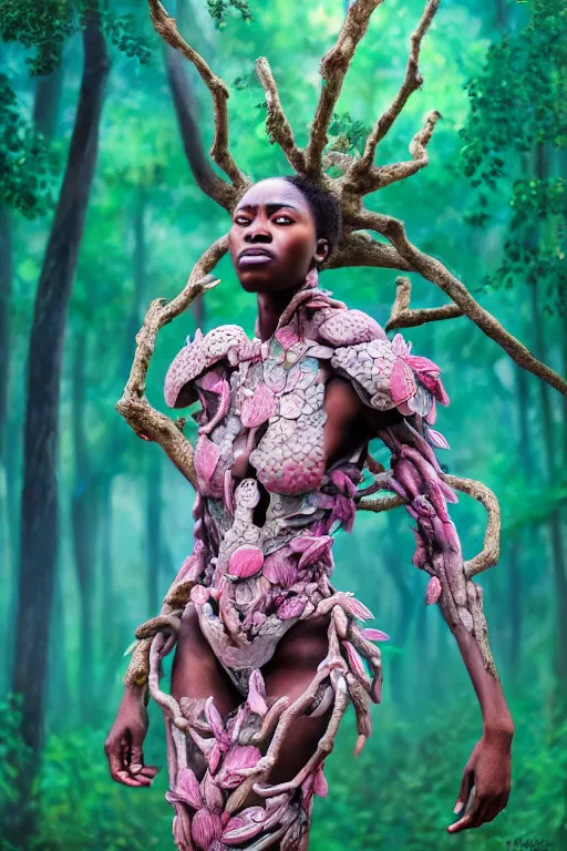 Prompt: hyperrealistic post - renaissance masterpiece super expressive! yoruba goddess with exoskeleton armor, merging with tree in a forest, pink flowers, highly detailed digital art cinematic, smooth cam de leon eric zener dramatic pearlescent soft teal light, ground angle hd 8 k, sharp focus