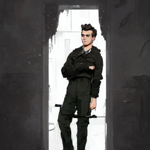 Image similar to a highly detailed epic cinematic concept art CG render digital painting artwork costume design: young James Dean as a formal socialist dystopian student in a school uniform. By Greg Rutkowski, Ilya Kuvshinov, WLOP, Stanley Artgerm Lau, Ruan Jia and Fenghua Zhong, trending on ArtStation, made in Maya, Blender and Photoshop, octane render, excellent composition, cinematic atmosphere, dynamic dramatic cinematic lighting, aesthetic, very inspirational, arthouse