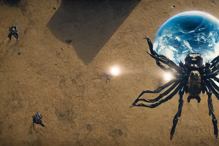 Image similar to giant robot spider standing on top pf planet earth, cinematic, shot from space, sci - fi movie still, lens flare, greg rutkowski, wlop