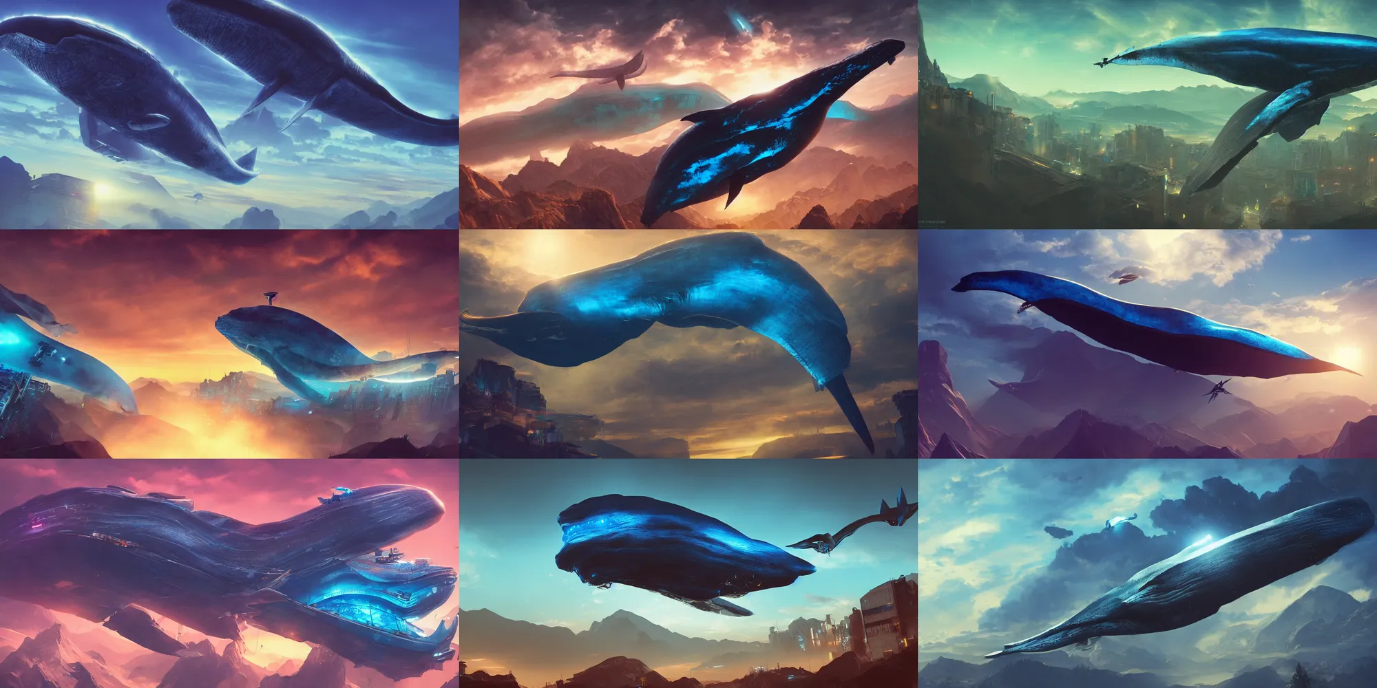 Prompt: a cyberpunk blue whale is flying high in the sky above the mountains, epic, surreal, cinematic shot, golden hour, artstation, deviantart, dreamy atmosphere, high definition