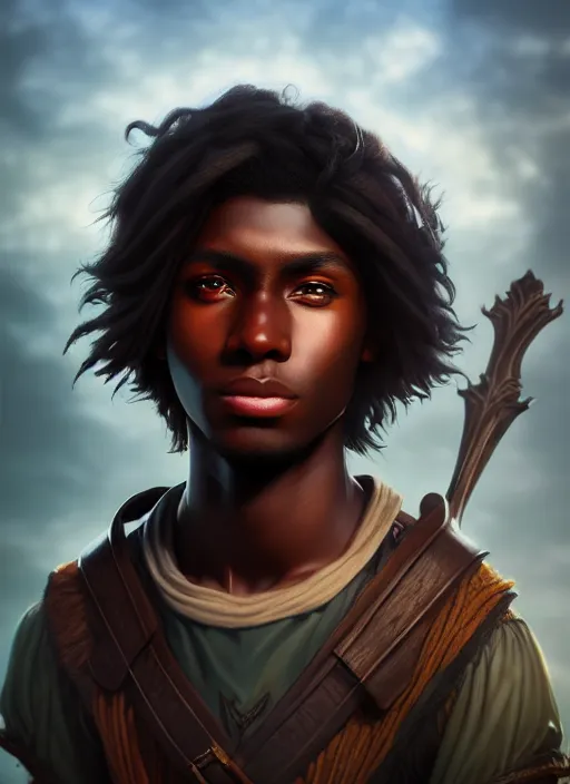 Prompt: An epic fantasy comic book style portrait painting of a young dark skinned long haired boy peasant with intelligent eyes, unreal 5, DAZ, hyperrealistic, octane render, cosplay, RPG portrait, dynamic lighting