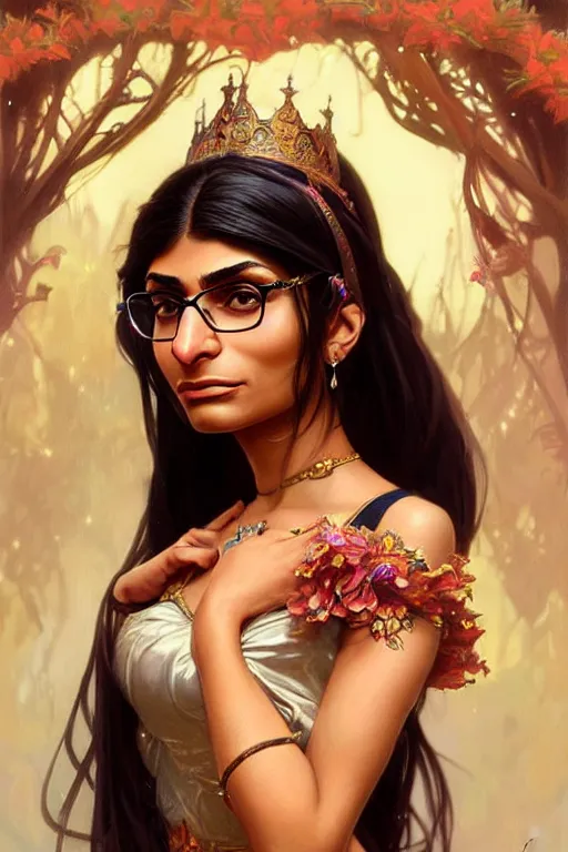 Prompt: mia khalifa as a princess, fantasy, intricate, elegant, highly detailed, digital painting, artstation, concept art, matte, sharp focus, illustration, art by artgerm and greg rutkowski and alphonse mucha