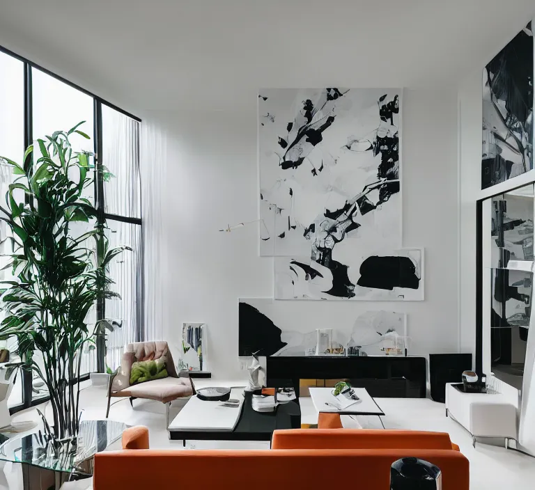 Image similar to interior of luxury condominium with minimalist furniture and lush house plants and abstract wall paintings | modern architecture by makoto shinkai, ilya kuvshinov, lois van baarle, rossdraws and frank lloyd wright