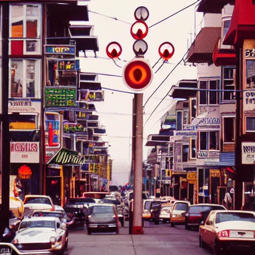 Prompt: award winning photo by fred herzog of a street in vancouver, shops, signes, ads, panels, stop lights, cars, people, poles, cables