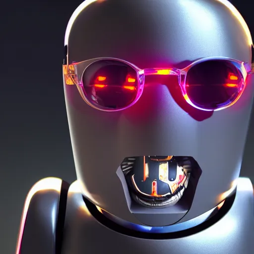 Prompt: gangsta robot, LEDs, expressive, wearing mirrored sunglasses, photo realistic, dramatic cinematic lighting, octane render, 4k, ultra detailed