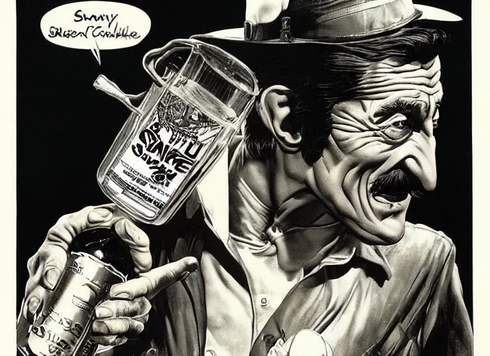 Image similar to barry chuckle drinking a bottle of snake oil, snake oil advertisement from 1 9 8 8, artwork by frank frazetta and richard corben, 3 d, high resolution 8 k