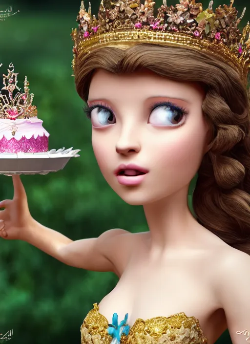 Image similar to closeup face profile portrait of a fairytale princess wearing a crown eating cakes, bikini, depth of field, zeiss lens, fashion photoshoot, by nicoletta ceccoli, mark ryden, lostfish, dan decarlo, bob clampett, max fleischer, breathtaking, 8 k resolution, extremely detailed, beautiful, establishing shot, artistic, hyperrealistic, octane render