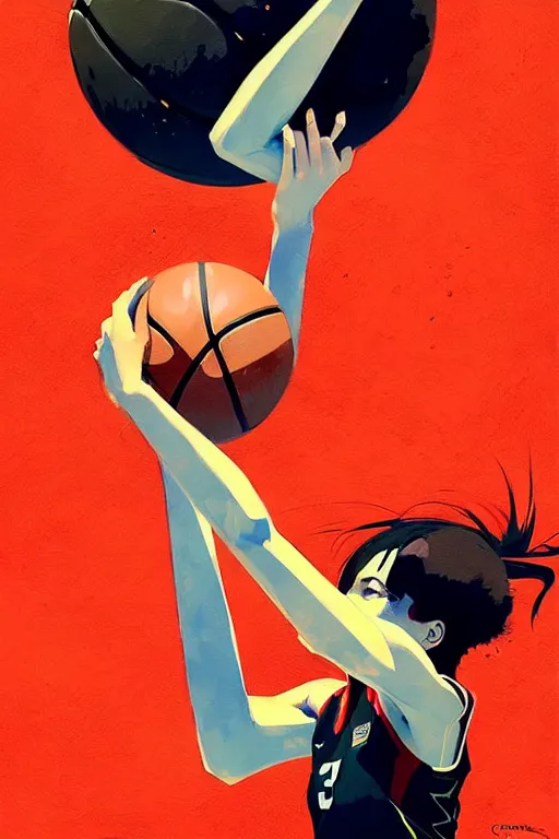 Image similar to a ultradetailed beautiful panting of a woman playing basketball, by conrad roset, greg rutkowski and makoto shinkai, trending on artstation