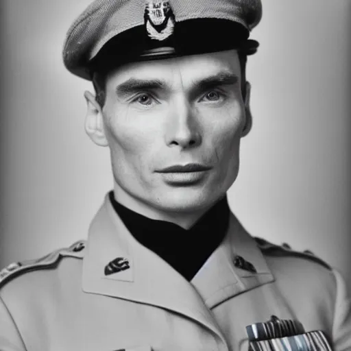 Prompt: cillian murphy in a world war ii uniform, black and white film photography, realistic face, cabinet card, 2 5 mm lens, cinematography by chris nolan