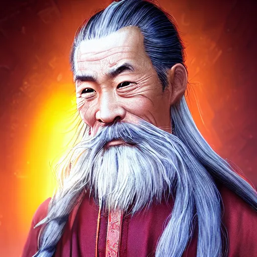 Image similar to portrait painting of a 6 0 year old kind handsome taoist priest, silver ponytail hair, amiable by yangjun chen, huang guangjian, fenghua zhong, wenjun lin, nadar, bright colors, octopath traveler, unreal engine 5 highly rendered, global illumination, radiant light, detailed and intricate environment