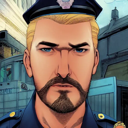 Prompt: portrait of a blonde pale police officer with short hair and a patchy beard, close up, grimy streets backdrop, detailed, art by russell dauterman and patrick gleason and stefano caselli and marco checchetto and esad ribic