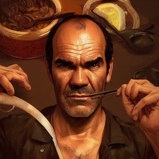 Image similar to trevor philips face on noodles, highly detailed, digital painting, artstation, concept art, smooth, sharp focus, illustration, art by artgerm and greg rutkowski and alphonse mucha