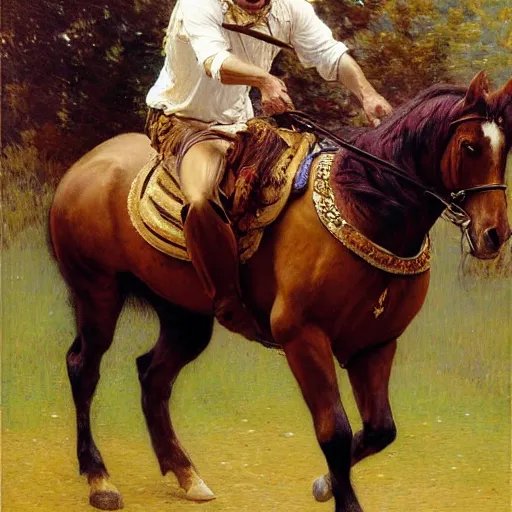 Image similar to attractive lionel messi as attractive lionel messi riding a horse, natural lighting, high quality, very detailed painting, by gaston bussiere, donato giancola, j. c. leyendecker