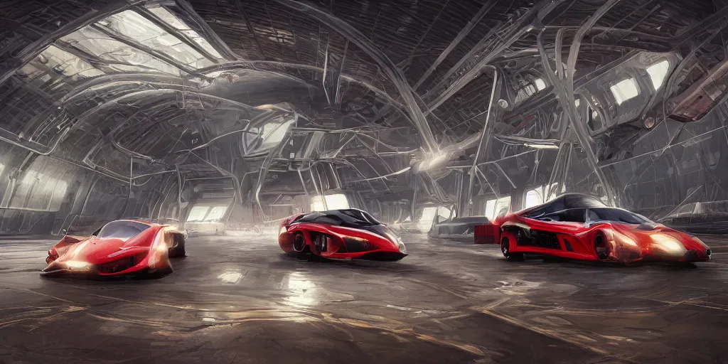 Prompt: kama russian electrocar, inside futuristic hangar, red car, sharp focus, ultra realistic, ultra high pixel detail, cinematic, intricate, cinematic light, concept art, illustration, art station, unreal engine 8 k