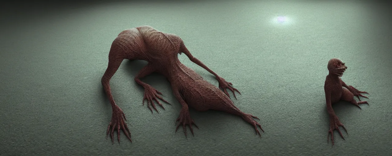 Image similar to a strange creature sitting on the floor in the home room, film still from the movie directed by Denis Villeneuve with art direction by Zdzisław Beksiński, close up, telephoto lens, shallow depth of field, beautiful detailed intricate insanely detailed octane render, 8K artistic photography, photorealistic