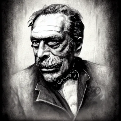 Prompt: steampunk distopic dark style portrait of charles bukowski