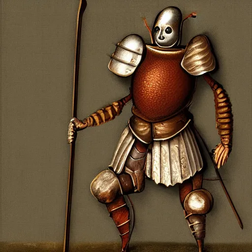 Prompt: digital art of a humanoid cockroach man with medieval armor and spear