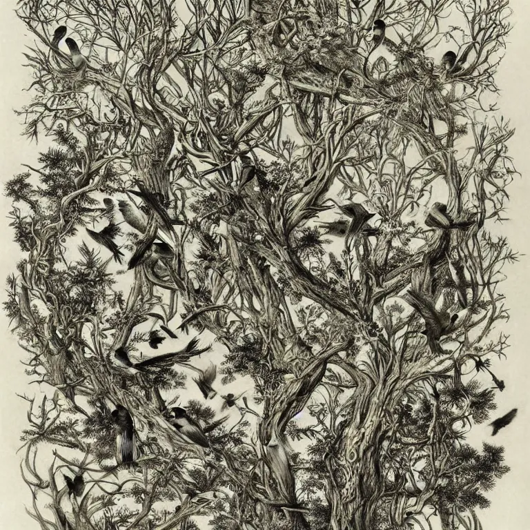 Prompt: mysterious forest with birds, by ernst haeckel :: pyrography :: very beautiful! dreamy, poetic, melancholy