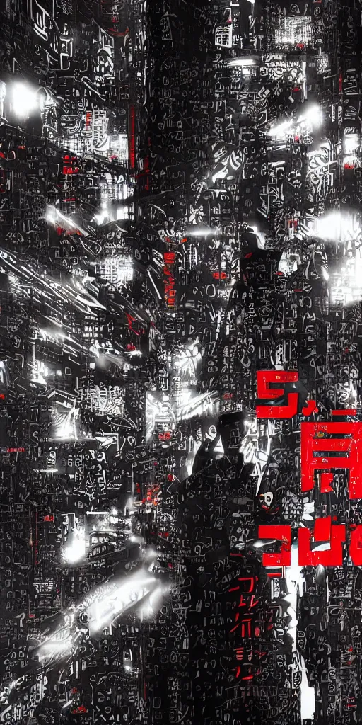 Image similar to a photo of a banner with symbols, cyberpunk logos of megacorporations by tsutomu nihei, futuristic font glyphs, black white red, sci fi font, graphic design, 8 k, innate studio