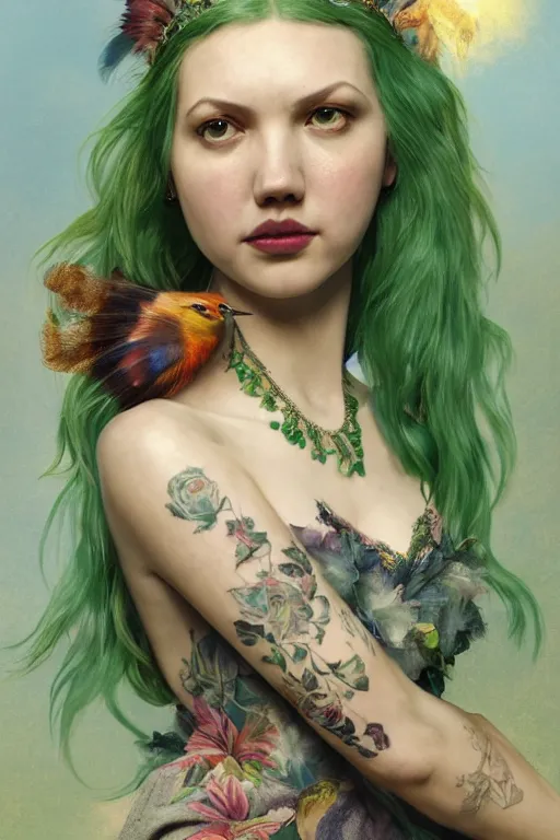 Prompt: a portrait of hannah murray, a gorgeous green haired queen of birds with a tattered dress and glasses, with feather decoration, tattooed pinup, cinematic lighting, photorealistic, octane render, 8 k, depth of field, 3 d, art by artgerm and greg rutkowski and alphonse mucha and uang guangjian and gil elvgren and sachin ten