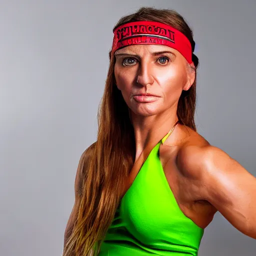 Image similar to uhd, high resolution photography of woman, genetic combination of hulk hogan and donald trump face and upper body, body focus