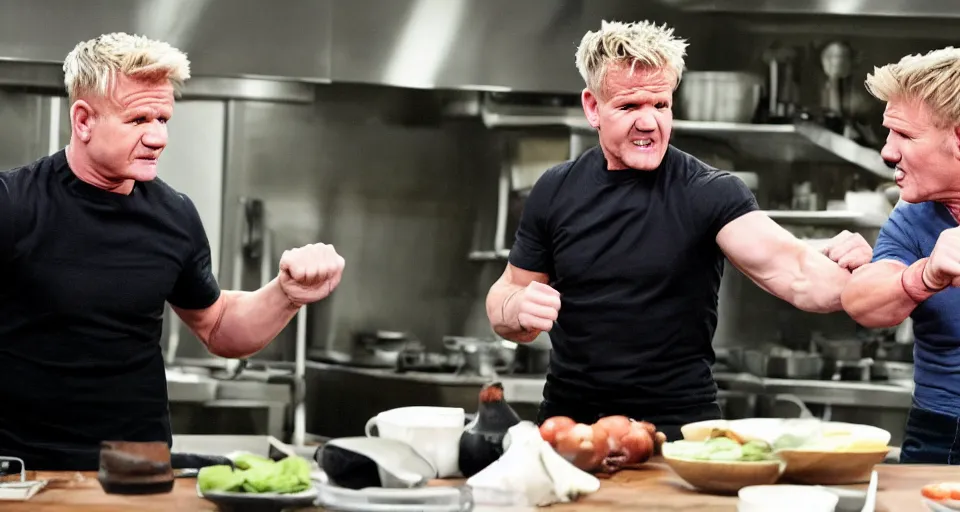 Image similar to photo of angry furious Gordon Ramsay punching Gordon Ramsay at the kitchen