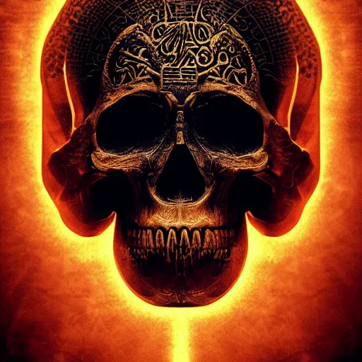 Image similar to ominous chiaroscuro baroque cinestill poster of a golden skull intricately decorated with ancient runic inscriptions and prophecy engravings. dramatic ray of light, octane render by elden ring, ominous dark background. deep aesthetics, ( lord of the rings : the return of the king 2 0 0 3 )