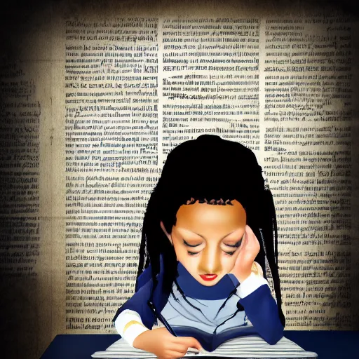 Prompt: young girl with black hair writing a paper about fake news, digital art,