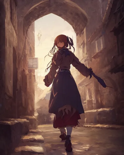 Image similar to pixiv, key anime visual portrait of a young female walking through a medieval village, dynamic pose, dynamic perspective, cinematic, dramatic lighting, detailed silhouette, film grain, yoshitaka amano, tending on artstation, face by yoh yoshinari, detailed, intricate