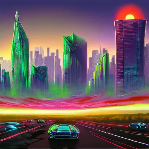 Prompt: eclipse over futuristic crystal city infinite traffic, synthwave bright neon colors highly details cinematic vladimir kush, philippe dru, roger deal, bob egg, leton, michael whelan,